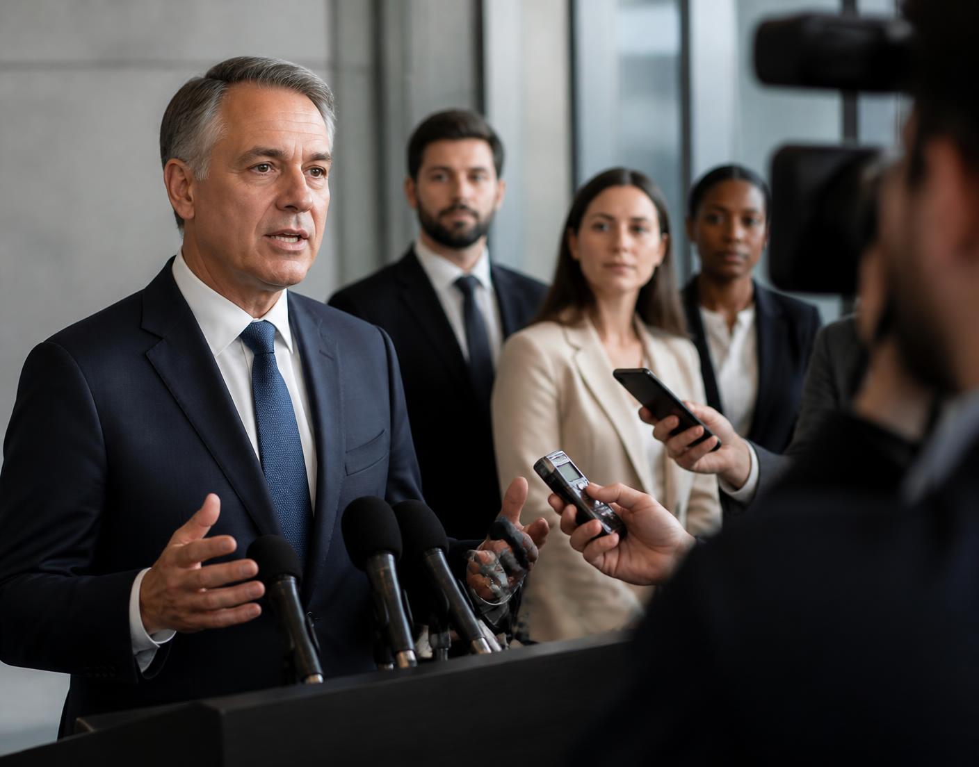 Executivo concedendo entrevista a jornalistas em coletiva de imprensa