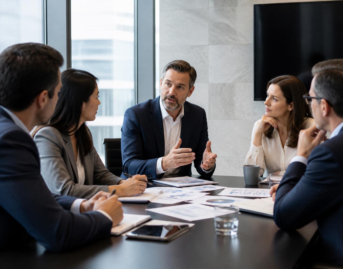 Reunião corporativa com participantes analisando documentos e gráficos