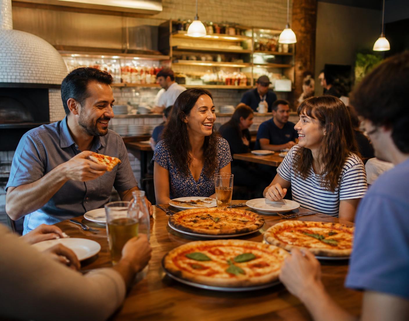 Clientes reunidos à mesa em pizzaria moderna e movimentada