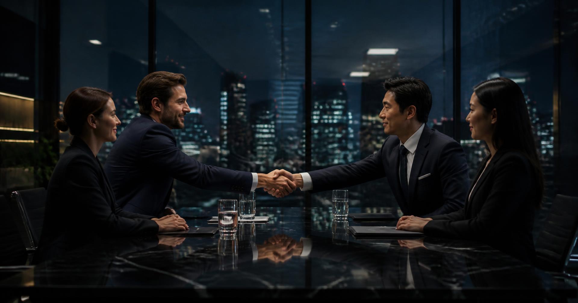 Equipes de duas empresas firmando parceria em reunião corporativa