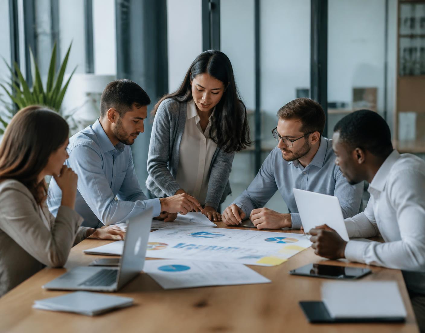 Equipe analisando gráficos e planejamento estratégico sobre a mesa