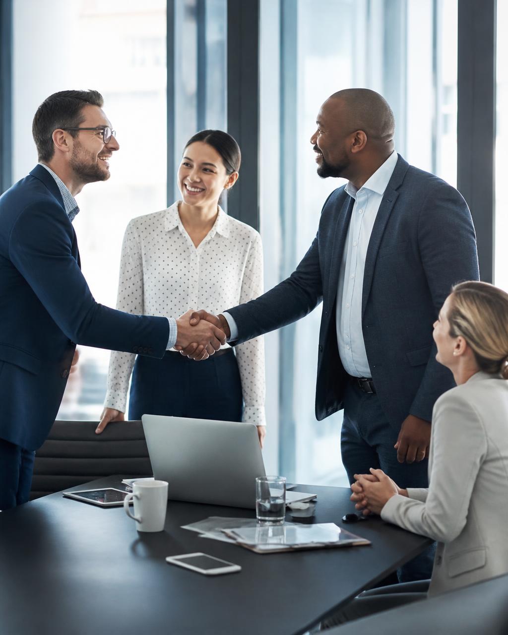 Profissionais firmando parceria em reunião corporativa